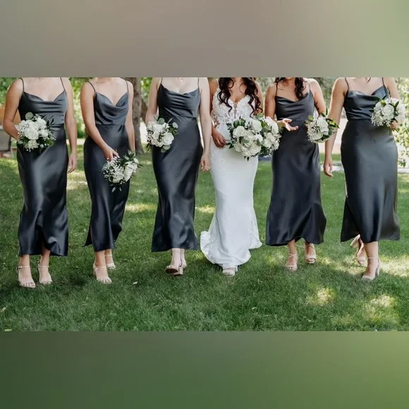 BHLDN CALI SATIN COWL-NECK MIDI SLIP DRESS- Elegant Dark Green Satin Dress - Picture 3 of 3